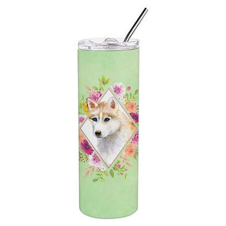 

20 oz Red Siberian Husky Green Flowers Double Walled Stainless Steel Skinny Tumbler