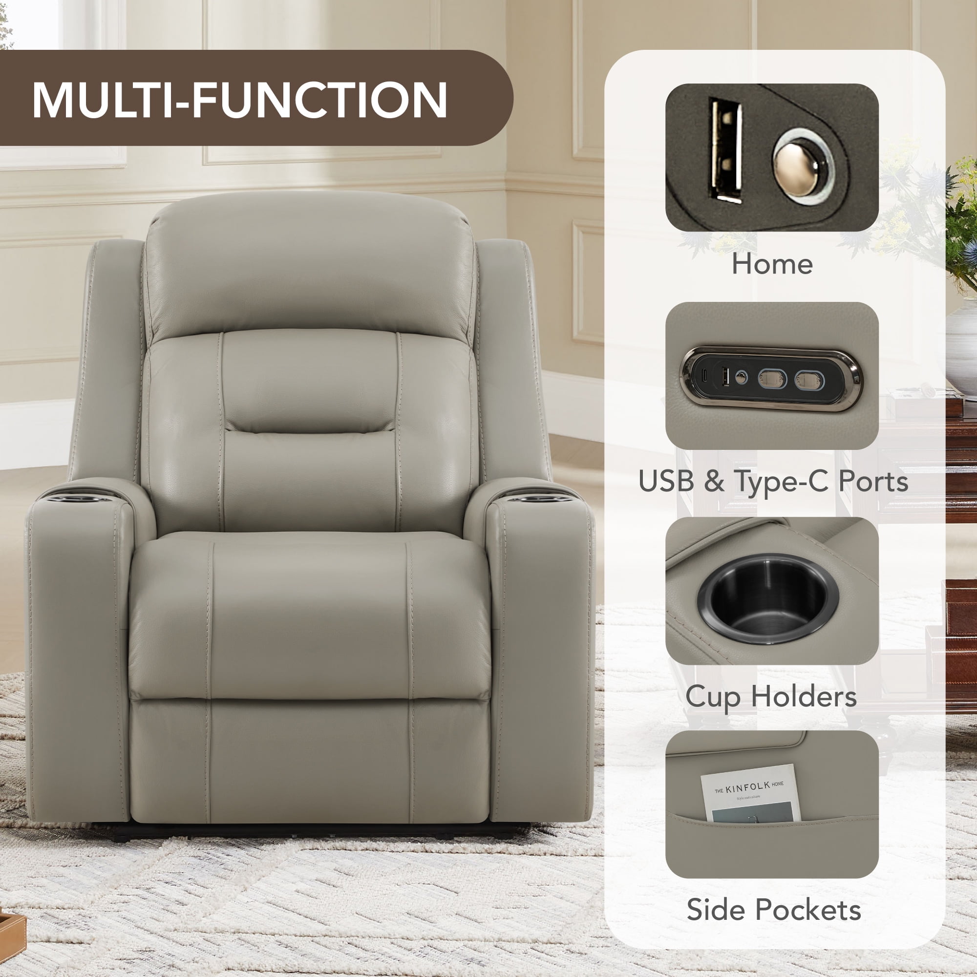 Spruce & Spring Lay-Flat Genuine Leather Power Recliner Chair with Headrest, Gray