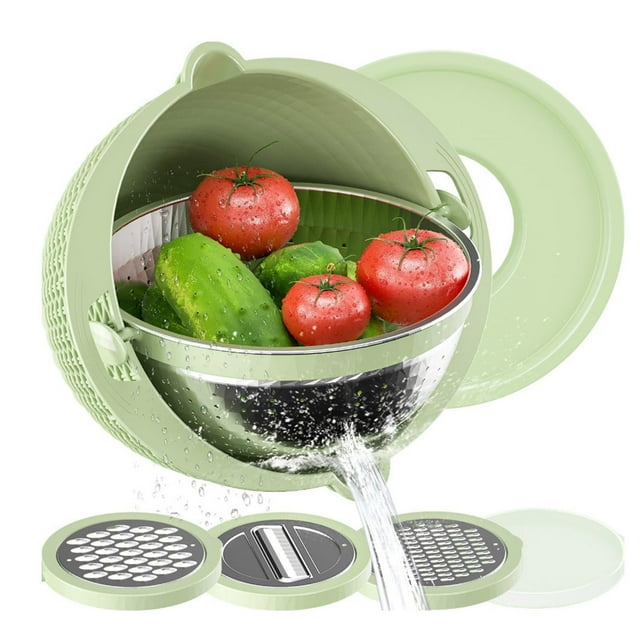 XYAIYT Stainless Steel Rotating Drainage Basket Set for Kitchen Food Prep Includes Strainer Colander 3 Blades for Slicing Grating 360 Degree Rotatable Vegetable Fruit Washing Tool