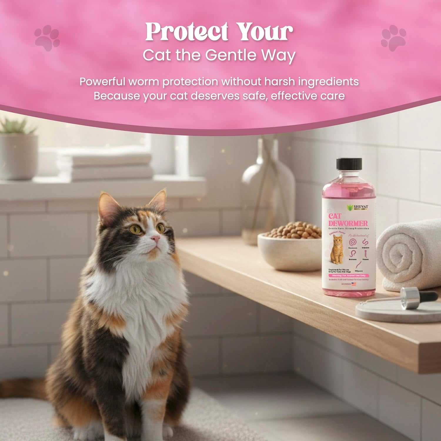 Dewormer for Cats Liquid – Chicken Flavor Cat Dewormer for Cats & Kittens – Oral Formula with Syringe – Tapeworm Care Support – 2 oz (60 ml)