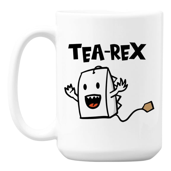 Funny Tea-Rex Dinosaur Pun White Ceramic Coffee & Tea Mug Cup (15oz)