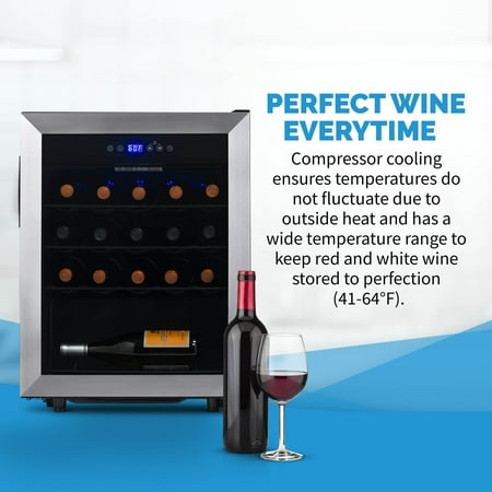 NewAir - Freestanding 23 Bottle Compressor Wine Fridge, Adjustable Racks, Exterior Digital Thermostat - Stainless Steel