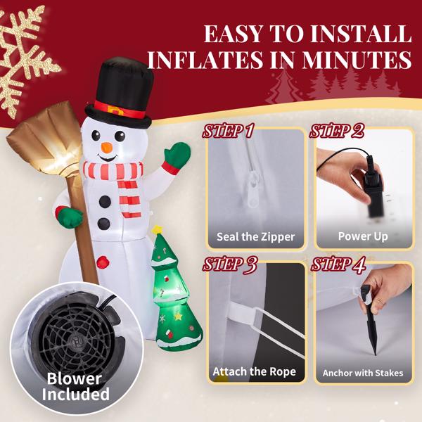 Christmas Inflatable Snowman, 3 LED Lights, Weatherproof Polyester, Quick Setup for Yard, Garden, Indoor