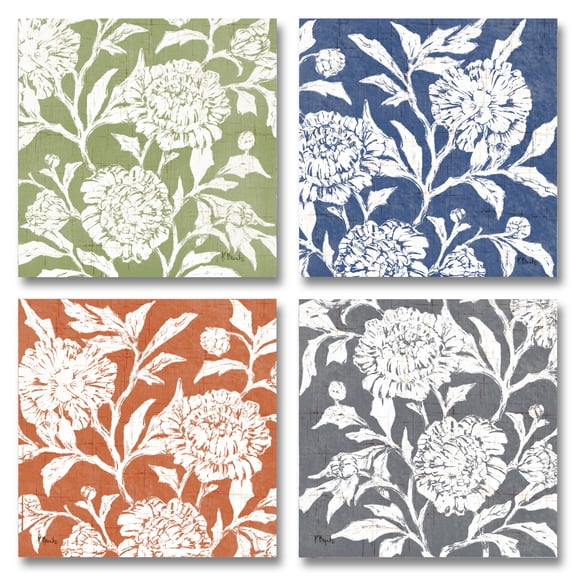 Jardin Floral; Lovely, Colorful, Retro Flower Prints; Four 12X12 Prints