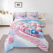 jejeloiu Cartoon Train Full Size Comforter Sets,Sweet Dessert Theme Bedding Comforter Set,Xmas Candy Cane Bedding Sets For Girls Kids,Breathable Home Decor Reversible,3-Piece