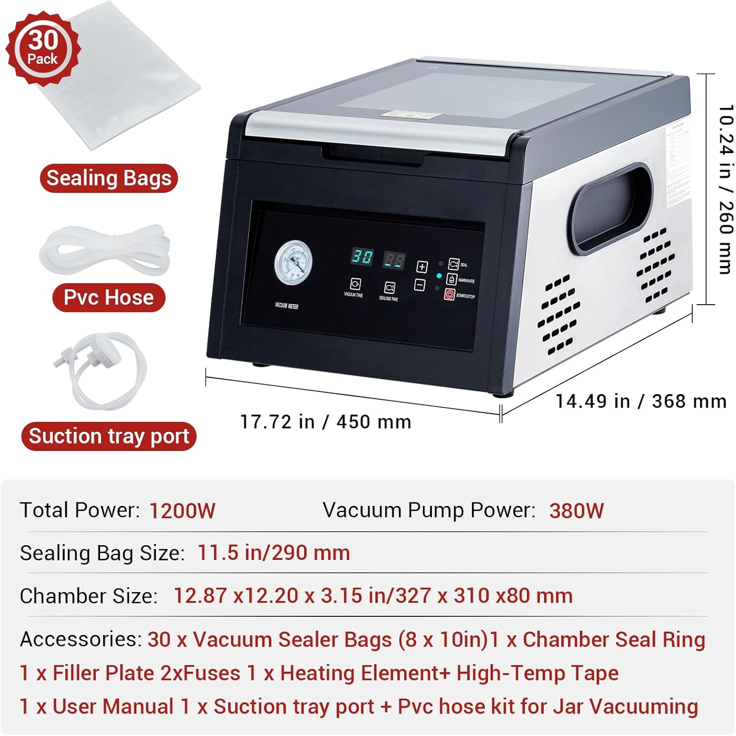 QinaQin Chamber Vacuum Sealer with Marinating Function,Auto Seal,Stainless Steel,Professional Food Vacuum Packaging Machine for Household and Commercial Use,Black