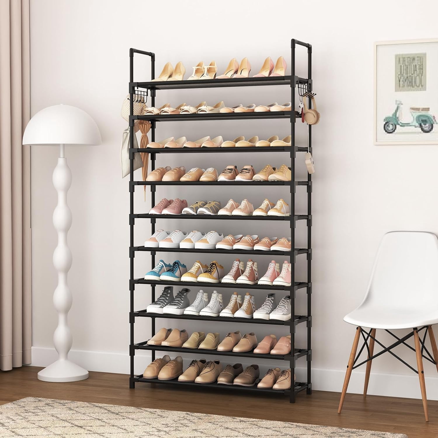 10 Tier Shoe Rack Tall Large Capacity Wide Shoe Organizer with Two Hooks Sturdy Metal Shoe Shelf for Entryway, Closet, Bedroom