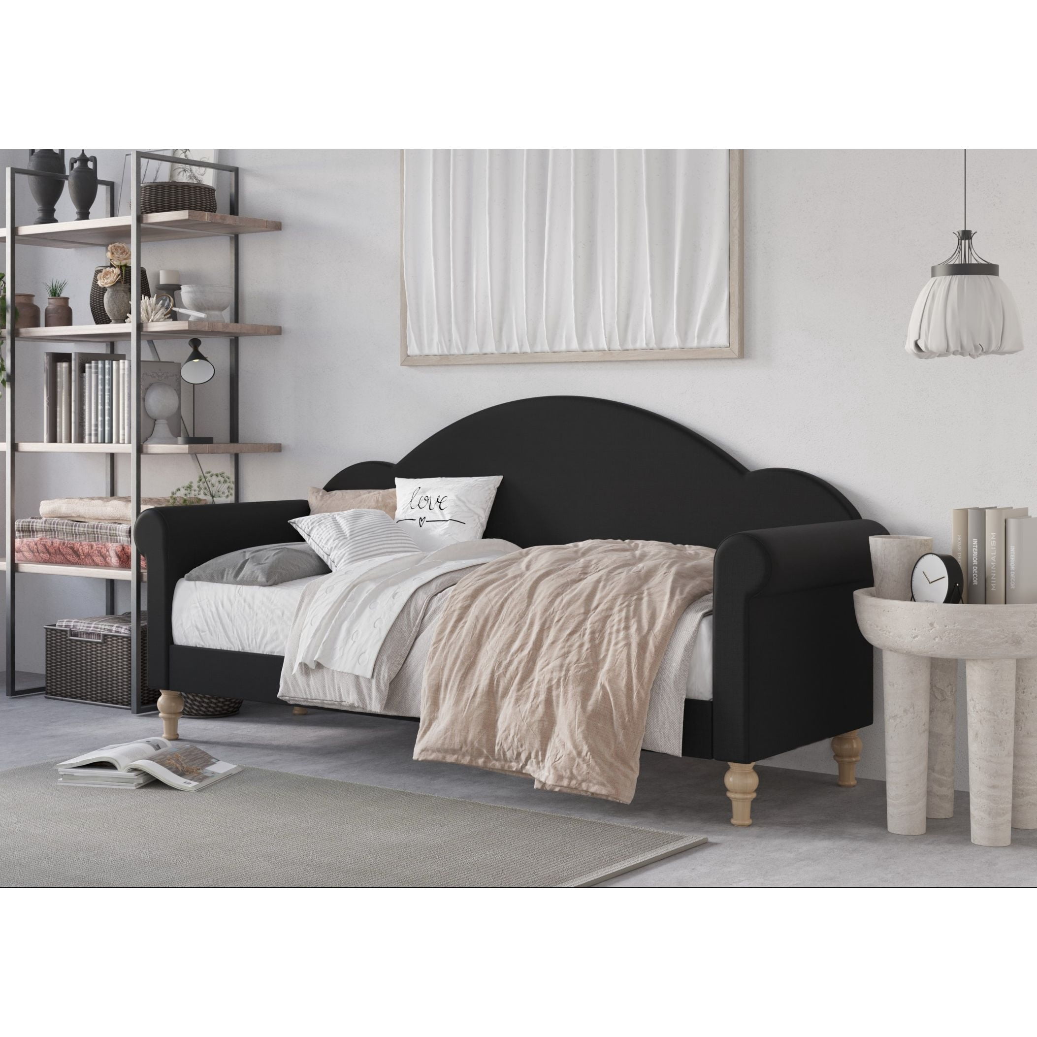 Home Design Chaise Upholstered Twin Daybed with Arched-Back Design, Black – Adult Guest Room or Living Room, Easy Assembly