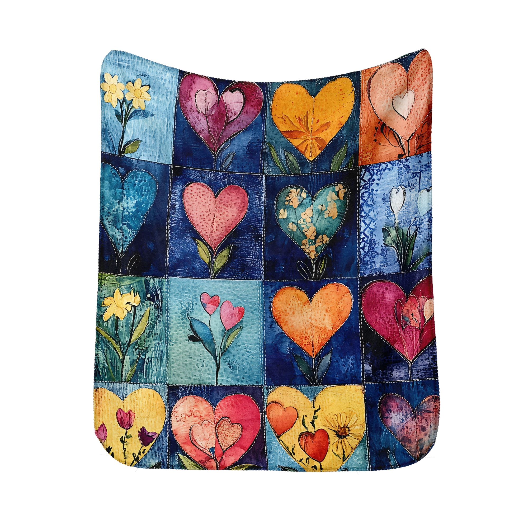 Sherpa Fleece Throw Blanket 40"x 50" Reversible Plush Fluffy Blanket, Double-Layer Super Soft Flannel Blanket for Sofa, Couch, Bed, Patchwork Floral & Heart Pattern