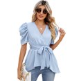 thumbnail image 2 of Yesfashion Women Dressy Deep V Neck Belted Tie Peplum Tops Empire Waist Wrap Blouse Puff Short Sleeve Shirt, 2 of 5