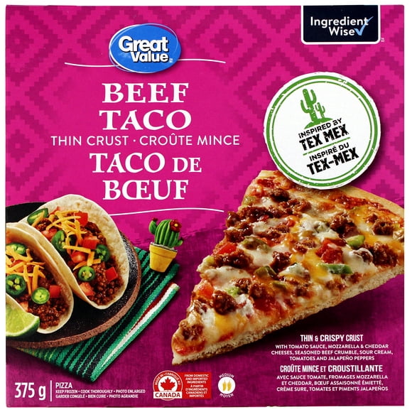 Pizza à croûte mince Taco de bœuf Great Value 375&nbsp;g