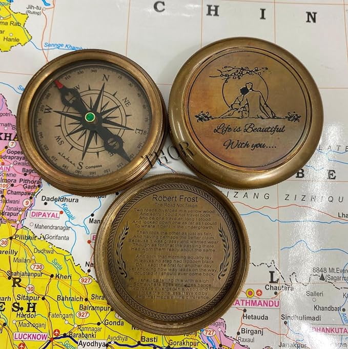 Antique Brass 3" Vintage Robert Frost Direction Marine Graduation Compass Confirmation Day Life is Beautiful with You Beautiful Handmade Men Gift