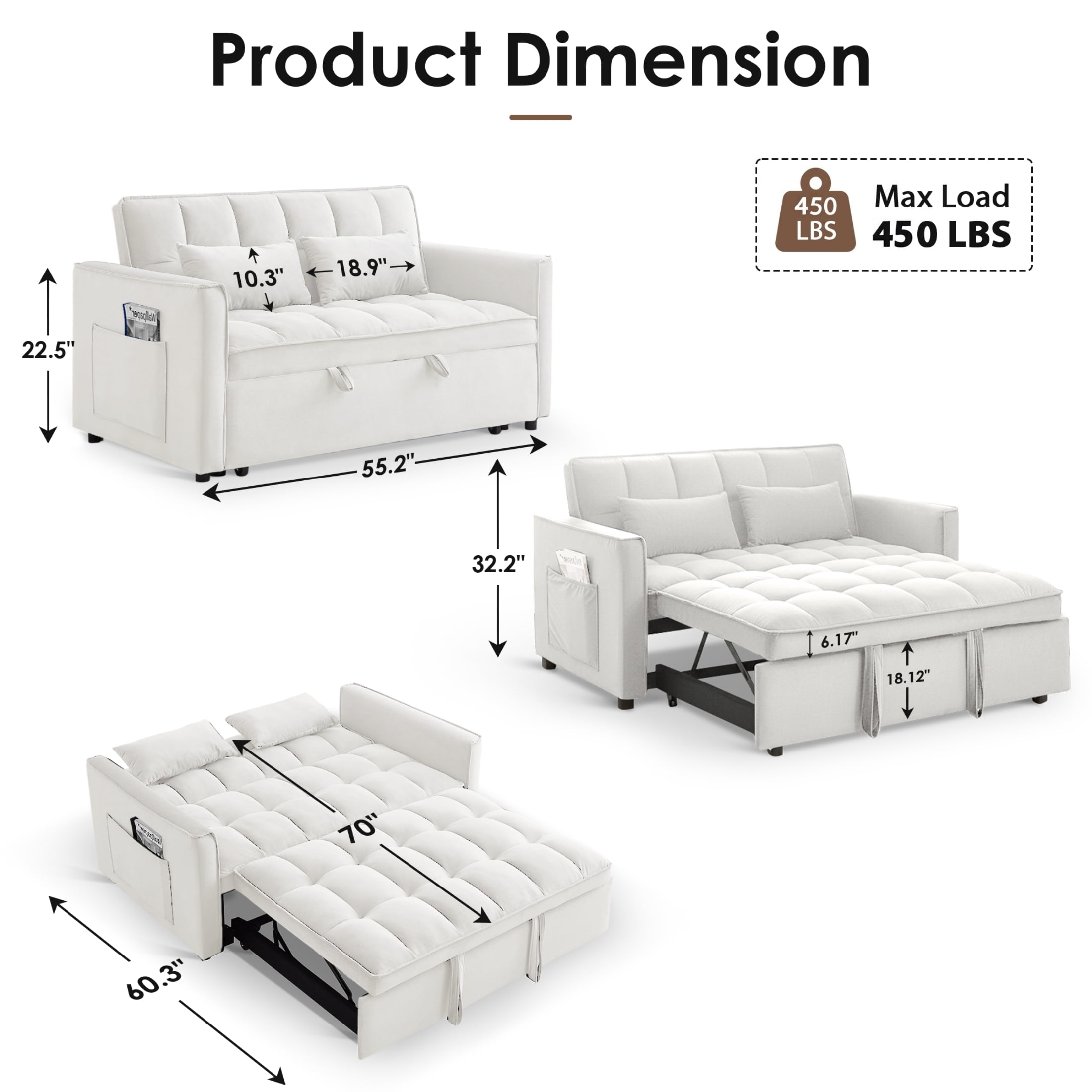 Vinform 55" 3 in 1 Convertible Sleeper Sofa Bed, Pull Out Loveseat Couch with Storage Pocket, Beige