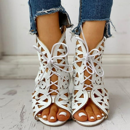 

Women s Hollow Out Heeled Lace-up Sandals Peep Toe Low Wedge Sandals Casual Summer Breathable Strappy Sandals