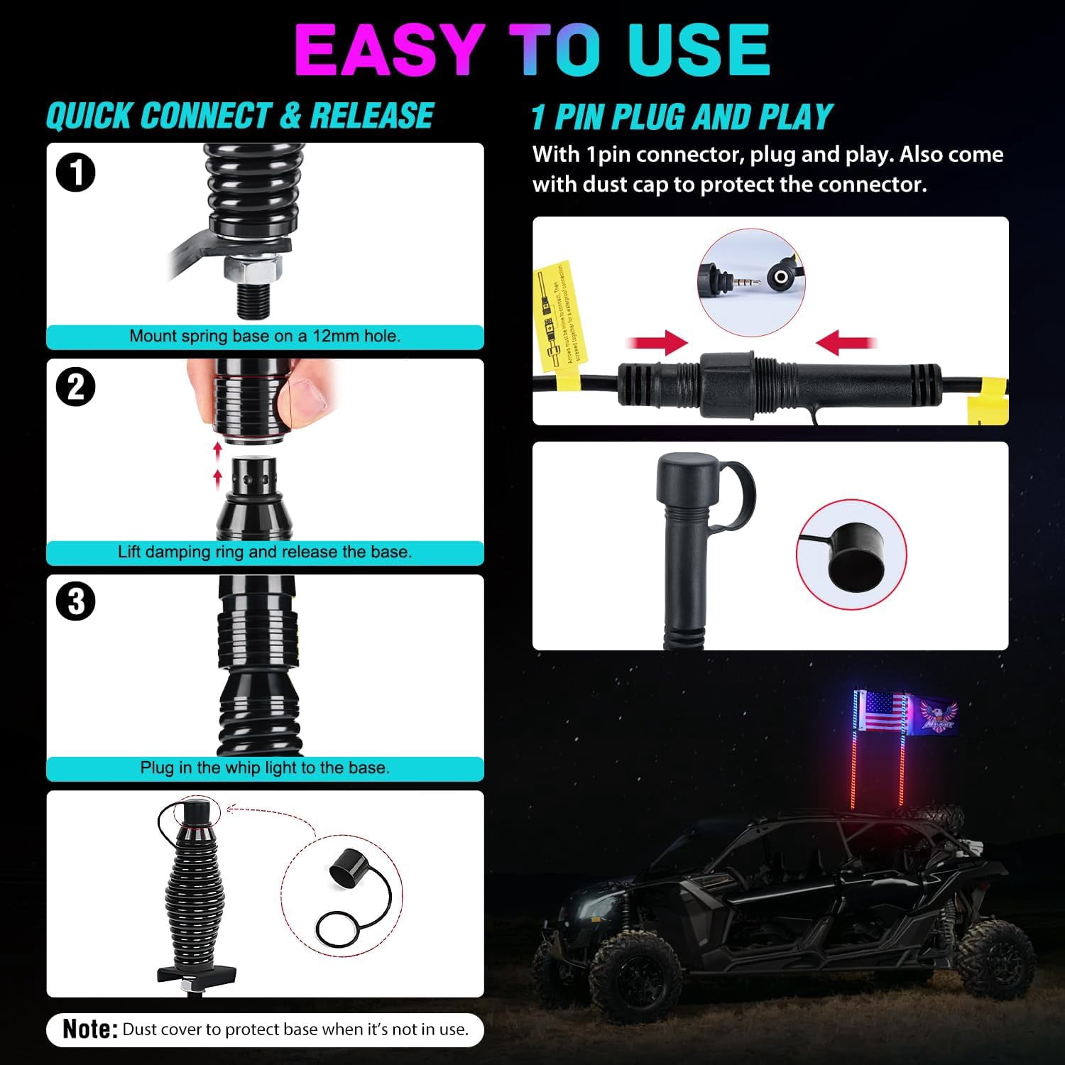 Nilight LED Whip Light 2 PCS 4FT COB RGB Lighted Antenna Whips with Spring Base Remote & App Control DIY Patterns Turn Brake Reverse Lights for Can-am Offroad ATV UTV RZR Polaris Dune Buggy Truck