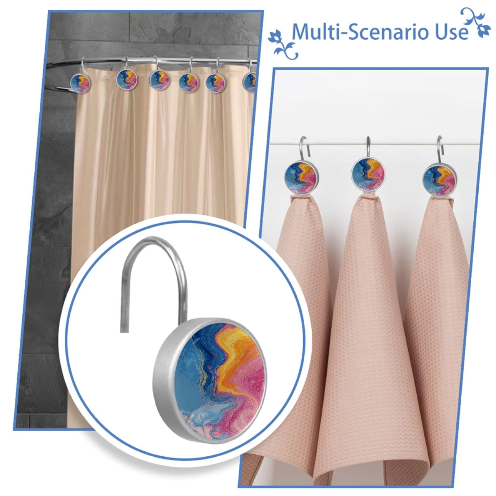 Blue Pink Marble Pattern 12 Pack Shower Curtain Hooks, Decorative Shower Rings for Shower Curtain Rods, Stainless Steel, Rust Resistant, Round Curtain Hooks for Bathroom