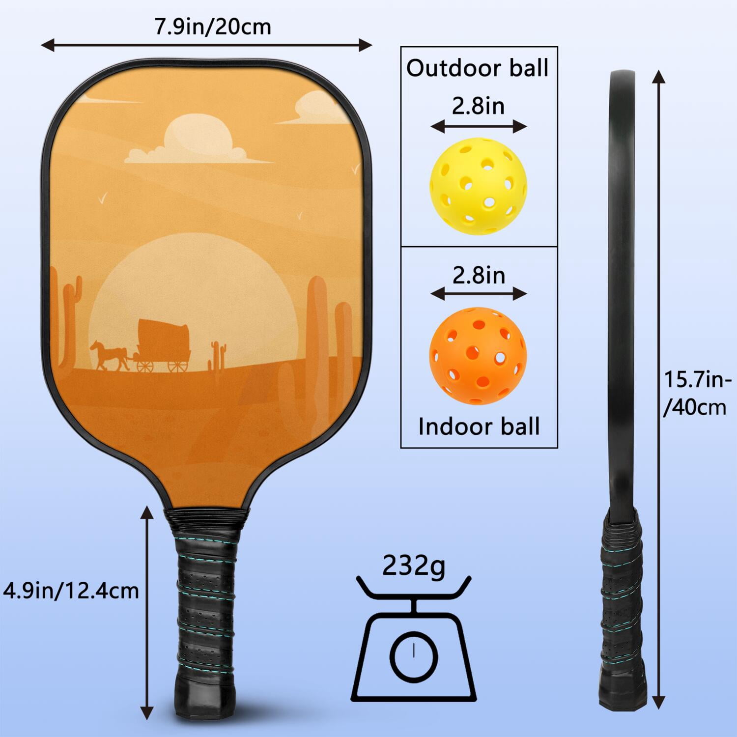 Pickleball Paddles Set Of 1, Fiberglass Surface, West & Cowboy Print, 1 Paddle, 2 Balls & Bag