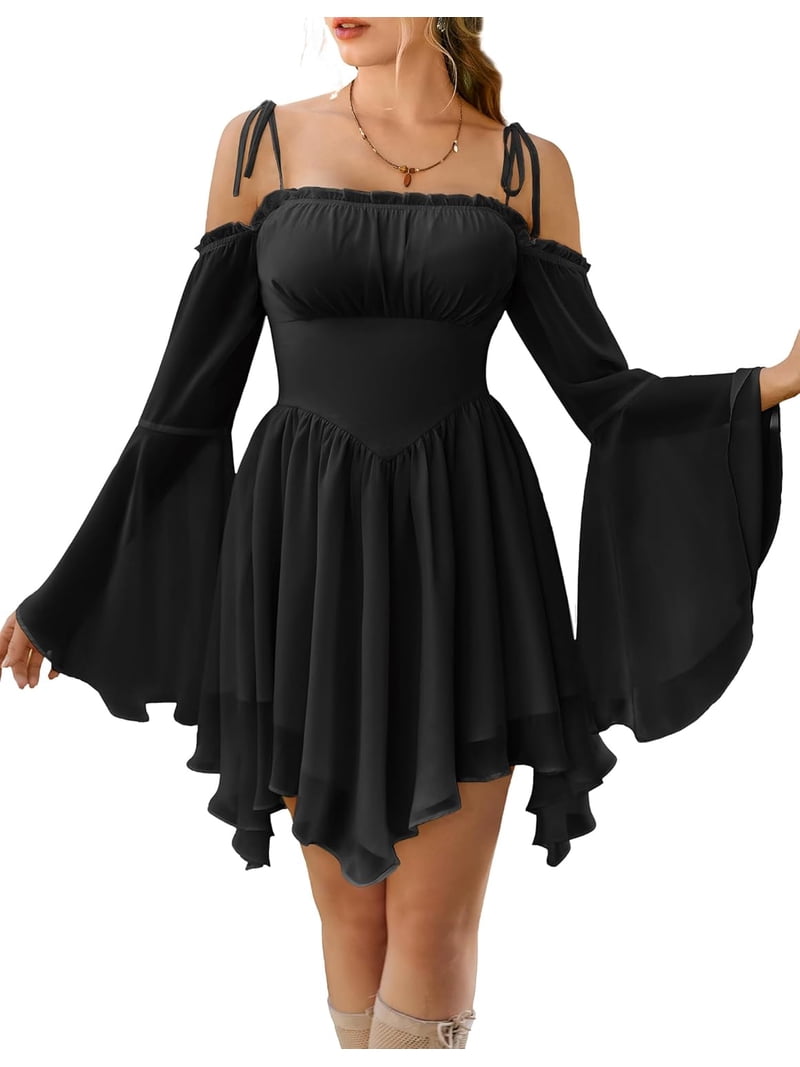 Wrongduck Womens Renaissance Fairy Dress 2026 Upgrade Off Shoulder A Line Boho Corset Dress with Pockets, Flowing Chiffon Festival Costume Outfit