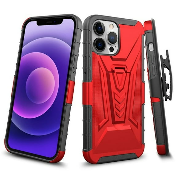 3-IN-1 Advanced Armor Hybrid Case with Belt Clip Holster for iPhone 14 Pro - Red