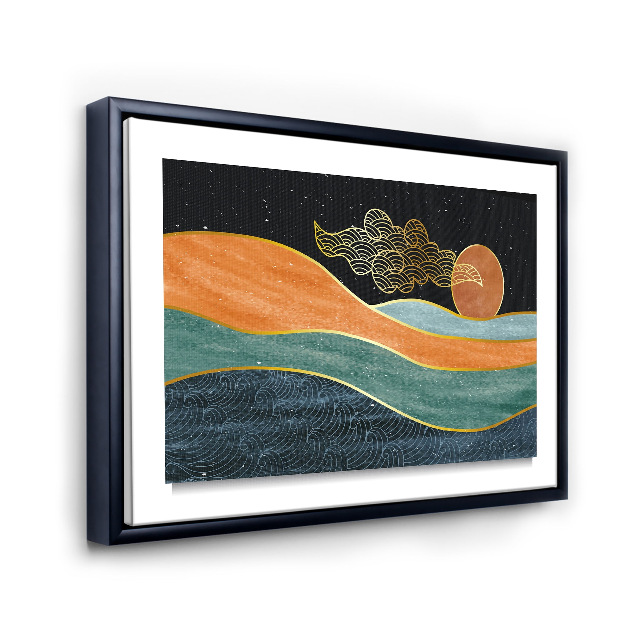 Abstract Nature Sea Sun Sky Mountain Landscape 20 in x 12 in Framed Painting Canvas Art Print, by Designart