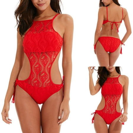 POROPL Cute One Piece Swimsuit for Women Halter Top Swim Cutout Padded Bra Lace Swim Red Size S-XL