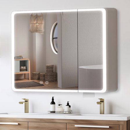 Yamissi LED Bathroom Medicine Cabinet with Mirror, Stepless Brightness, Anti-Fog, Rounded Corner, 32x5x28 in