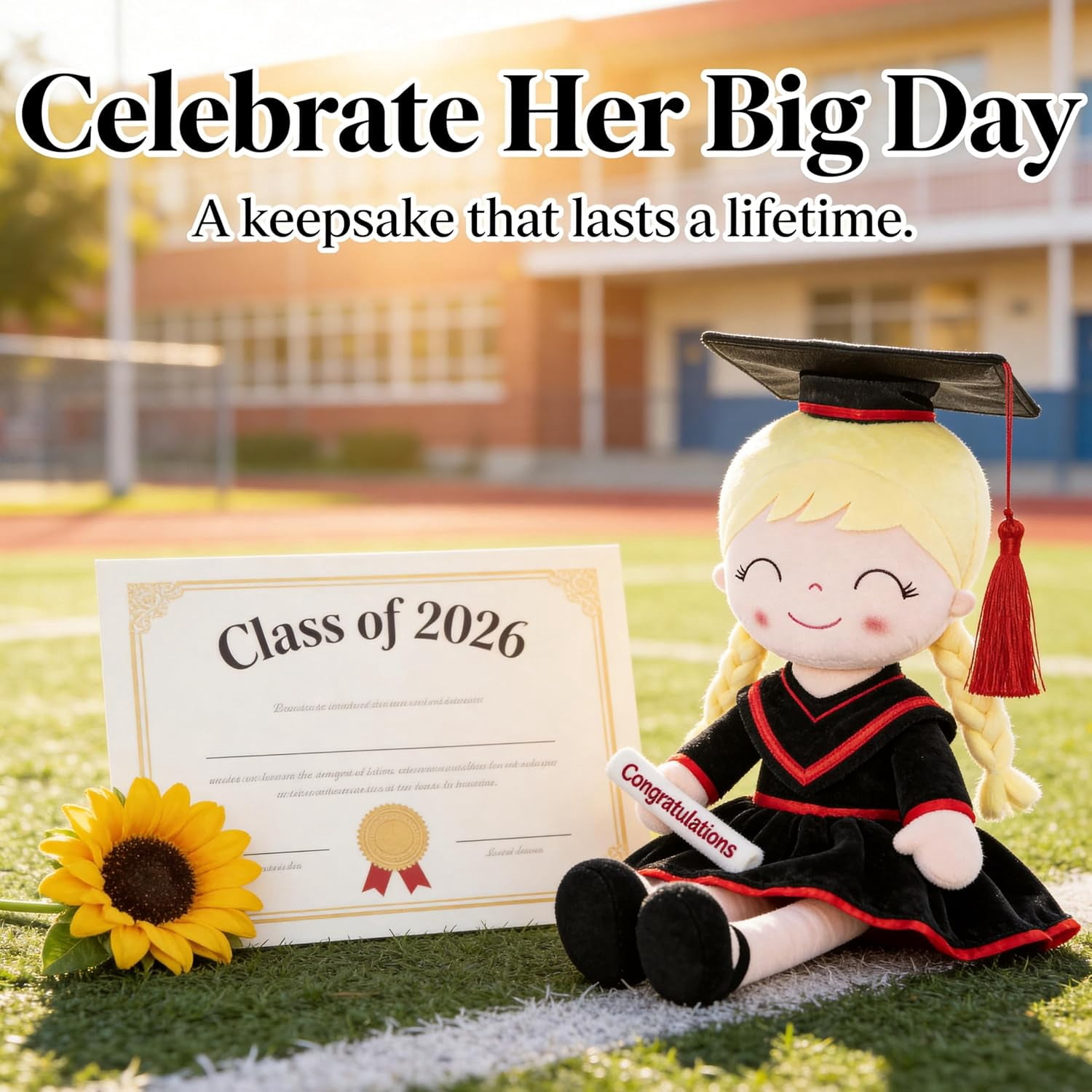 Gloveleya 16" Classic Black Graduation Doll - Traditional Cap & Gown Plush Toy - Kindergarten Preschool Graduation Ceremony Gift, Class of 2026 Keepsake