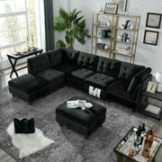 L shape Modular Sectional SofaDIY Combinationincludes Three Single Chair Two Corner and Two OttomanBlack Velvet.