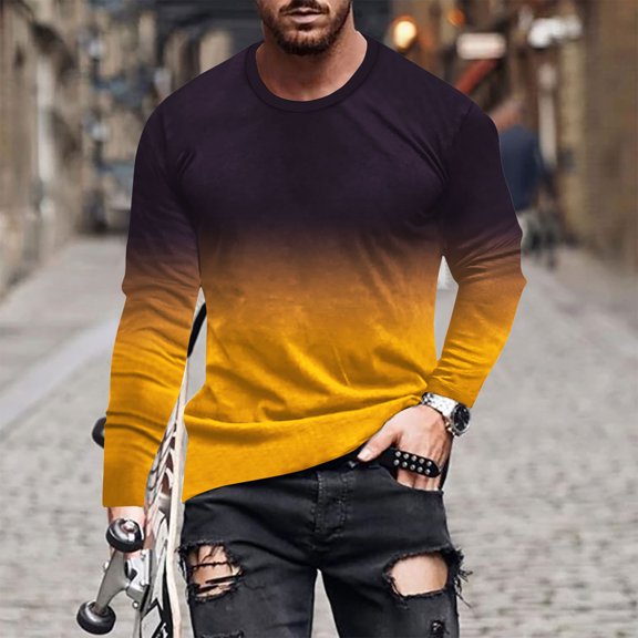 Deals Slim Fit Pullover for Men Long Sleeve Tee 3D Print Gradient Shirt Fall Crewneck Sweatshirt Workout Gym Blouse (XXL, Yellow)