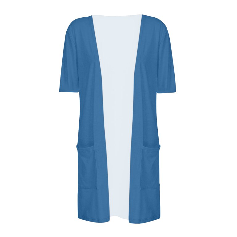 TQWQT Light Weight Cardigan Women Summer Short Sleeve Open Front Duster  Solid Casual Lightweight Cardigans with Pockets Blue M