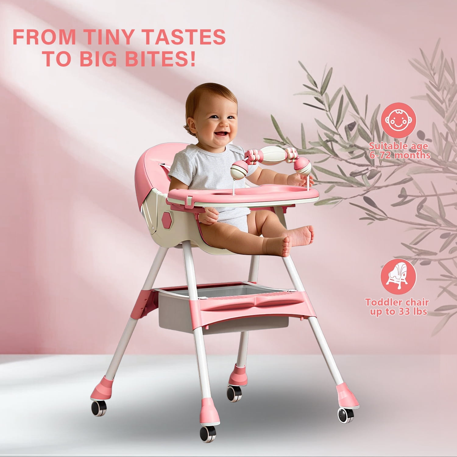 HDUTNGISN 4-in-1 Baby High Chair,Foldable Highchair Dining Feeding Chair with 5-Point Harness Double Dining Plate & Toy Rack,Infant to Toddler,Pink