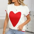 thumbnail image 2 of Women's Short Sleeve Sweater Crew Neck Heart Print Pullover Top Lightweight Loose Knit Blouse White M, 2 of 7
