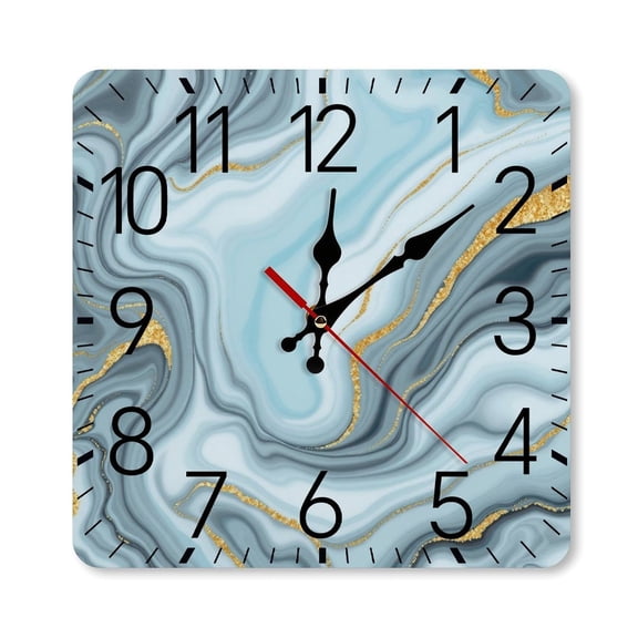 RKSupls 10×10inch Square Silent Wall Clock Wooden Frame, Marble Blue Gold Scale Decorative Clock for Home Bedroom Living Room Office