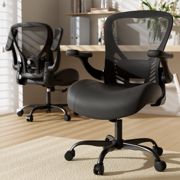 HomeZeer Ergonomic Office Chair, Mesh Back Desk Chair with Flip up arms, Swivel Computer Chair with Lumbar Support, Black Leather, 350lb