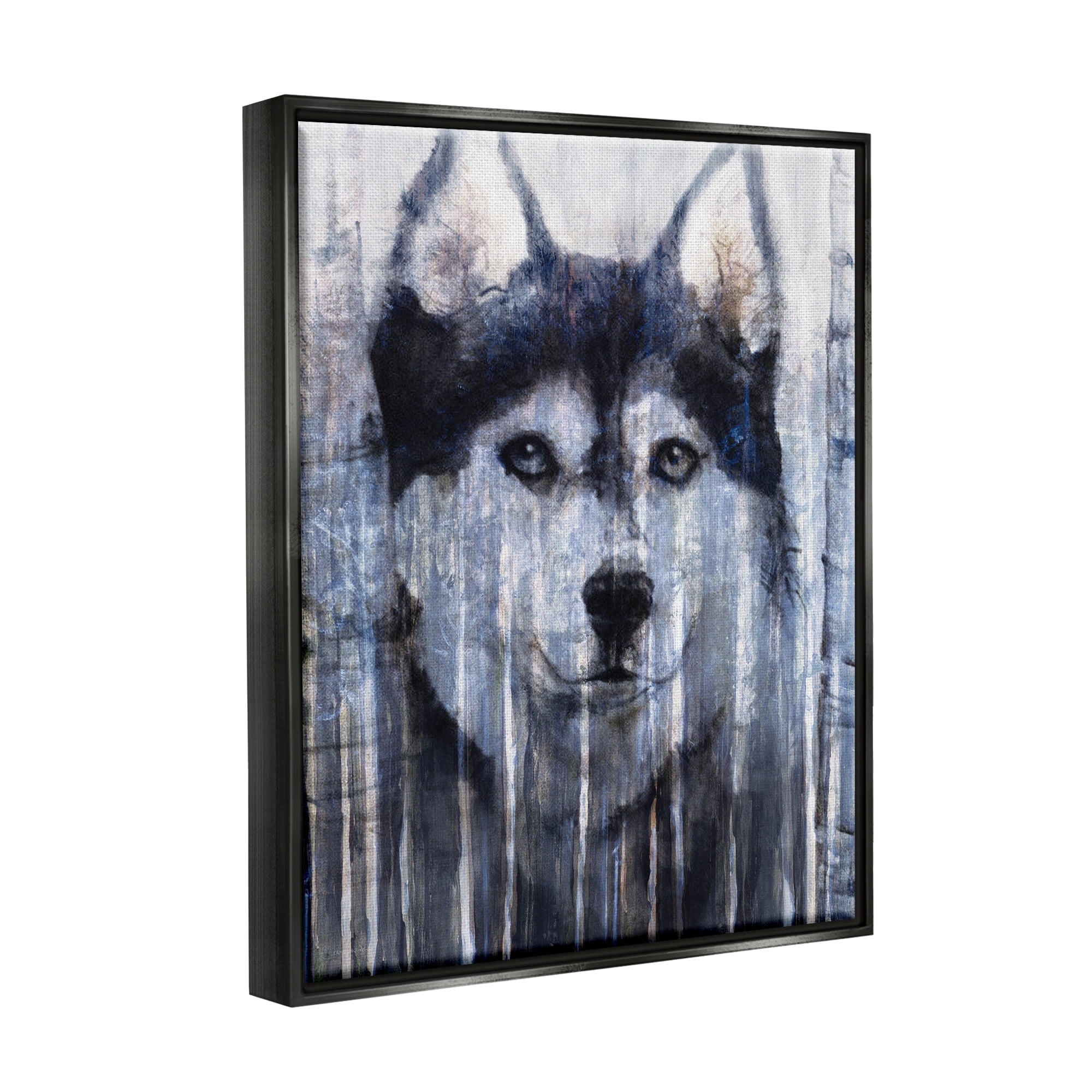 Stupell Industries Smiling Husky Dog Rustic Birch Tree Overlay Graphic Art Jet Black Floating Framed Canvas Print Wall Art, Design by Kamdon Kreations