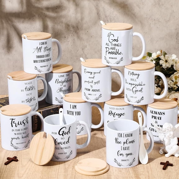 12 Sets Christian Gifts Bulk Religious Mugs 12oz Bible Verses Ceramic Coffee Cup with Lid Handle Spoon Inspirational Mug Church Gift for Coworker Employee Staff(Christian)
