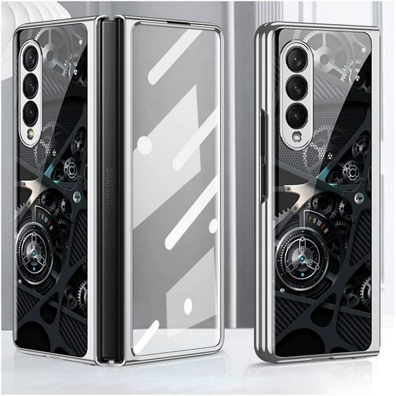 for Samsung Galaxy Z Fold 3 Case, Plating Glass All-Inclusive Shell with Front Tempered Glass, Crystal Finish Pattern Protection Bumper Cover Case-Silver