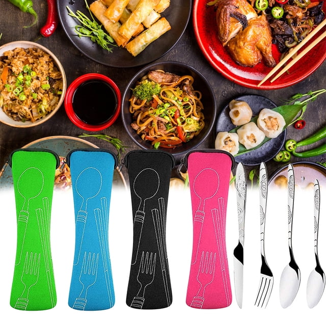 Juego de cubiertos de 4 Uds., cubiertos de acero inoxidable para cortador, tenedor, cuchara, superficie tallada, portátil, ligero, juego de vajilla duradera