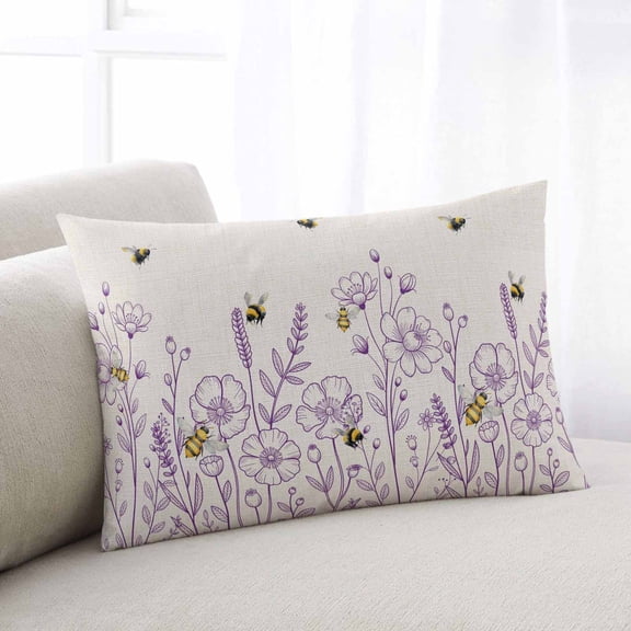 Spring Flowers Throw Pillow Covers, Farmhouse Botanical Purple Floral Bees Soft Breathable Pillow Cases with Invisible Zipper for Sleeping, Toddler Pillowcases for Couch Bed Sofa Chair 12x20 Inches