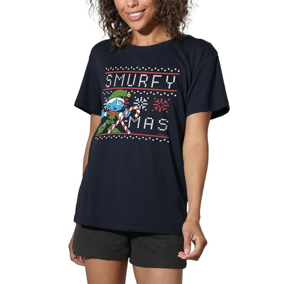 Smurfs Christmas Smurfy Candy Cane X-mas Women's Loose T-Shirt, Navy, Small