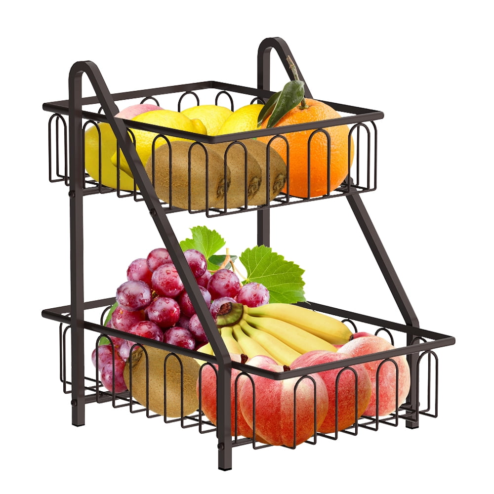 2 Tier Metal Fruit Vegetable Baskets with handle for Countertop in Bronze