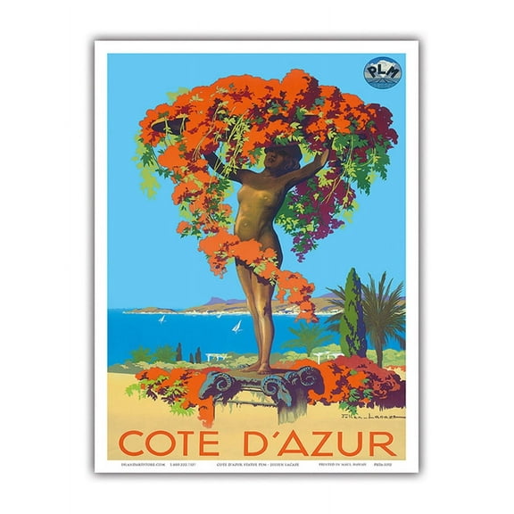 Côte d'Azur France - French Riviera - Chemins de fer de Paris-Lyon-Méditerranée Railway (PLM) - Vintage Travel Poster by Julien Lacaze c.1935 - Master Art Print (Unframed) 9in x 12in
