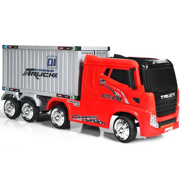 Gymax 12V Enfants Semi-Remorque avec Conteneur Tour Électrique sur Voiture Jouet Télécommande Rouge