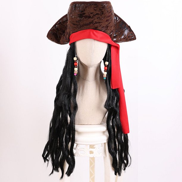 Peluca de cosplay de Piratas del Caribe para hombre, de Halloween, para adulto, Capitán Jack Sparrow, color negro, 65 cm, cabello rizado, accesorios de cosplay