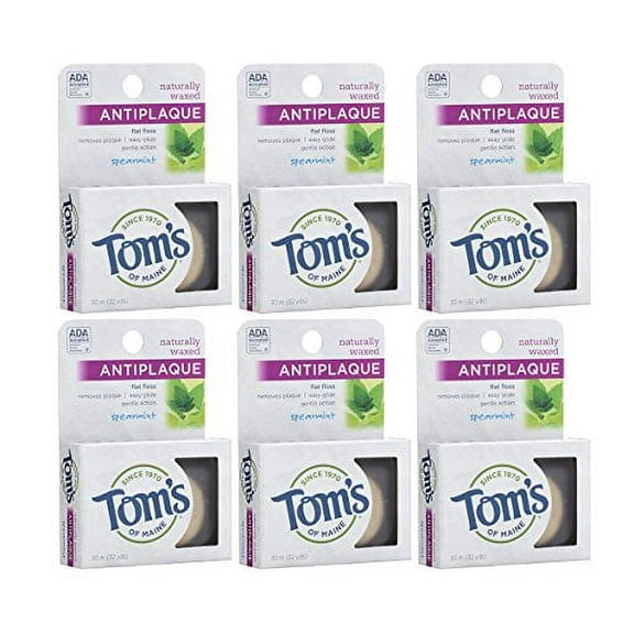 Tom's of Maine Natural Waxed Antiplaque Flat Floss, Dental Floss, Natural Floss, Spearmint, 32 Yards, 6-Pack