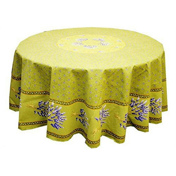 68" Round Lavender Green Cotton Coated Provence Tablecloth by Le Cluny