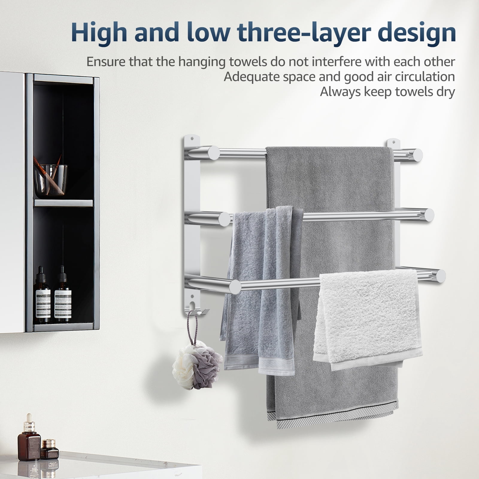FKSZLL Towel Bars Hanger Stainless Steel Towel Rack, Three Tier Wall Mount Towel Holder, No Punch, Adjustable 17-29 inch with Hooks for Bathrooms and Kitchens