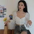 thumbnail image 4 of Forzero Women's Square Collar Sweet Pleated Soild Navel Exposed Chiffon Long Sleeves Shirt Blouses, 4 of 6