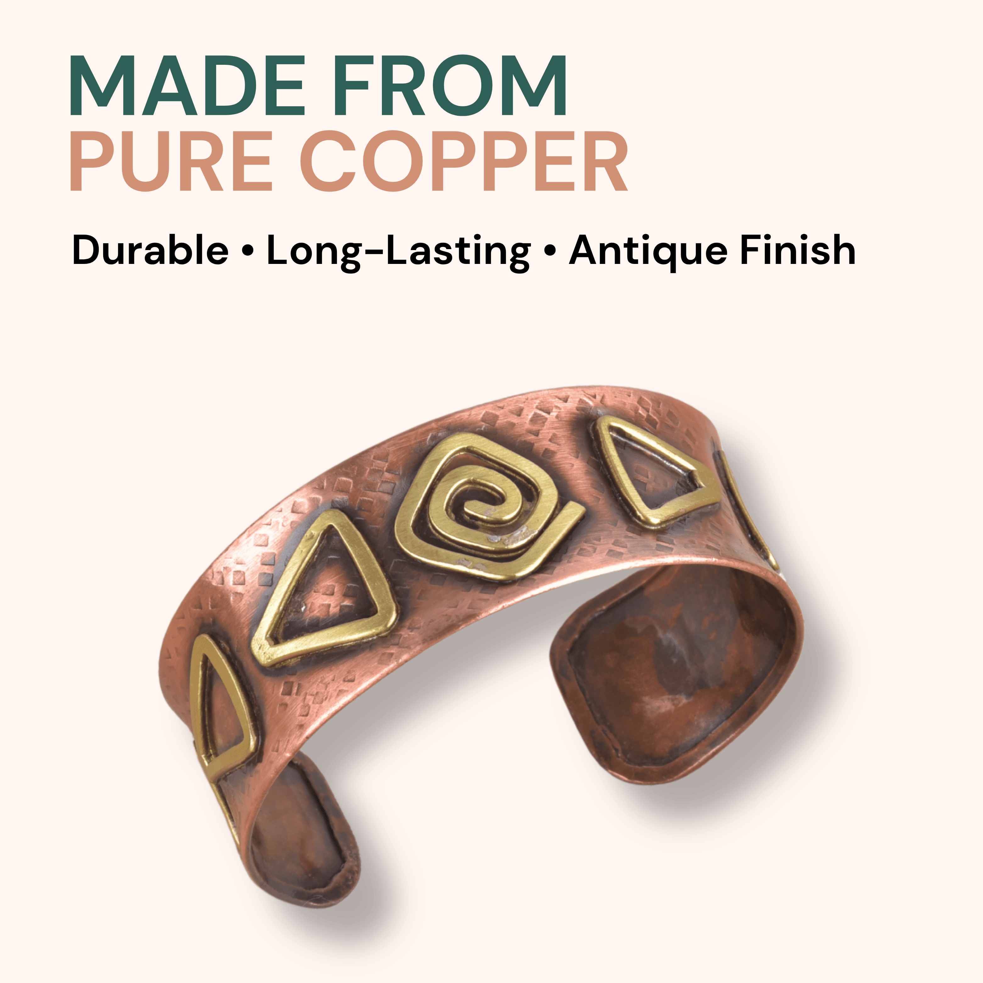 Vivanta Copper Bracelet for Men & Women – Handmade Copper Cuff Bracelet Jewelry with Brass Geometric Inlays, Adjustable Open Cuff, Tribal Spiral & Triangle Vintage Style Rustic Hammered Artisan Gift