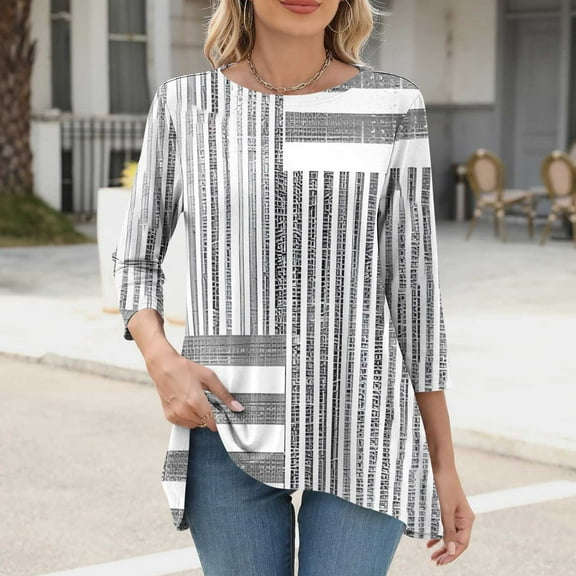 Womens Tops 3/4 Sleeves Printed T-shirt Blouse Round Neck Casual Top,Tops for Women Gray